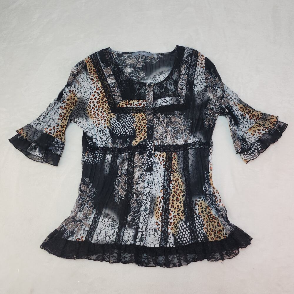 Whimsigoth Animal Print Bell Sleeve Ruffle Blouse Black Lace Leopard Medium